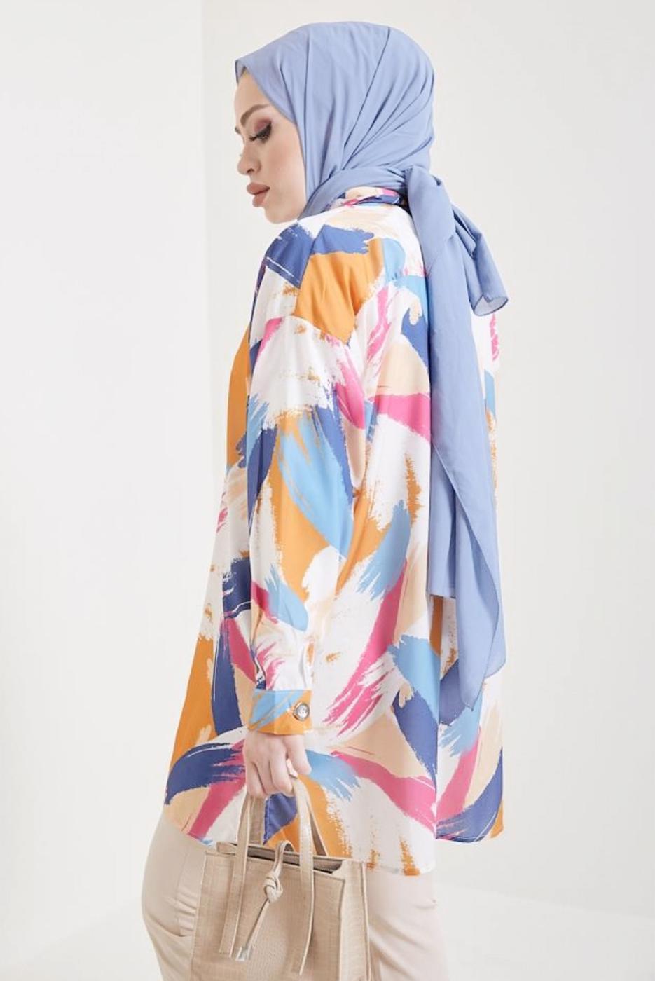 Tesettür giyim MAVİ PAMUKLU DESENLİ GÖMLEK TUNİK T 0888-3