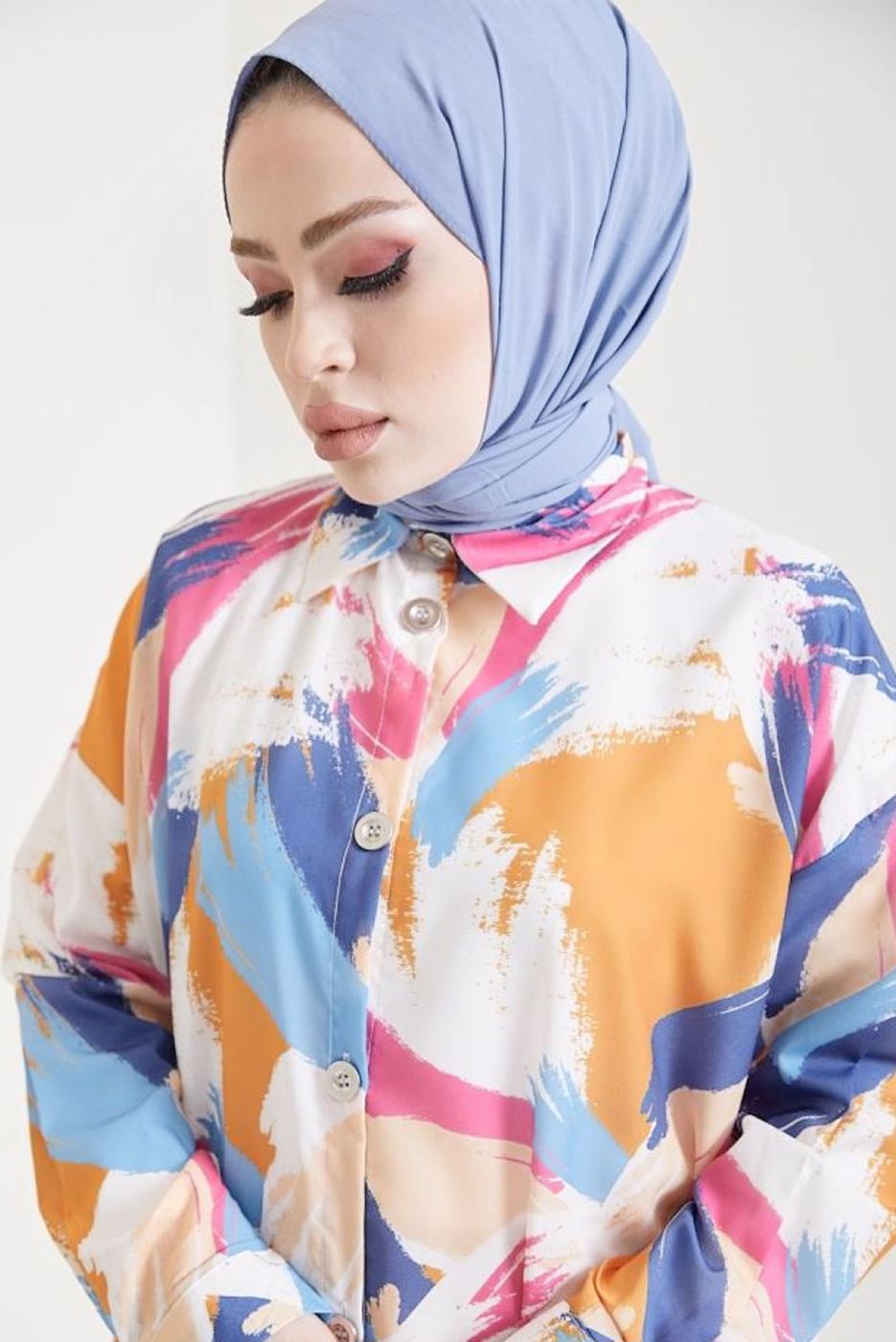 Tesettür giyim MAVİ PAMUKLU DESENLİ GÖMLEK TUNİK T 0888-3