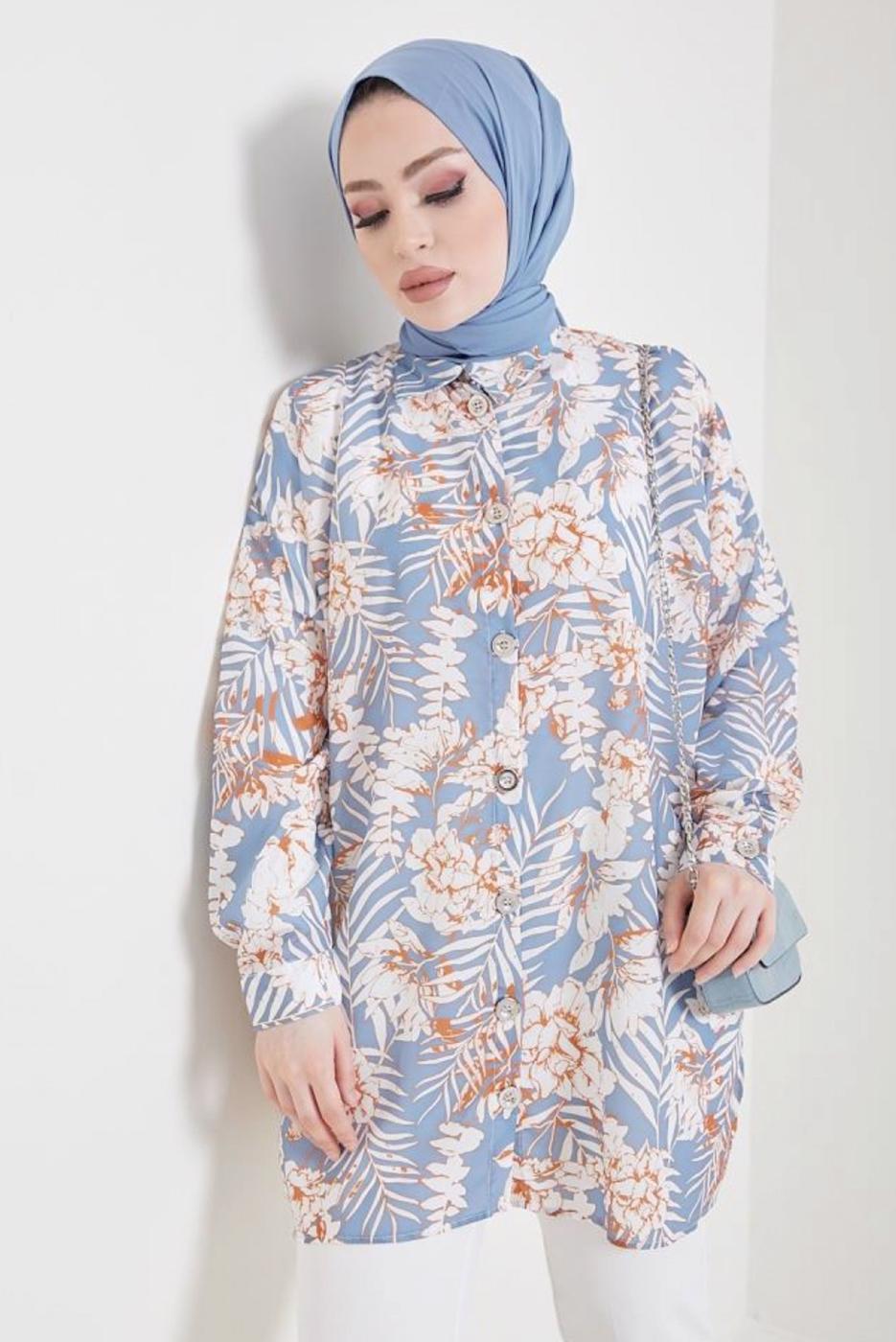 Tesettür giyim MAVİ DESENLİ GÖMLEK TUNİK T 0888-4
