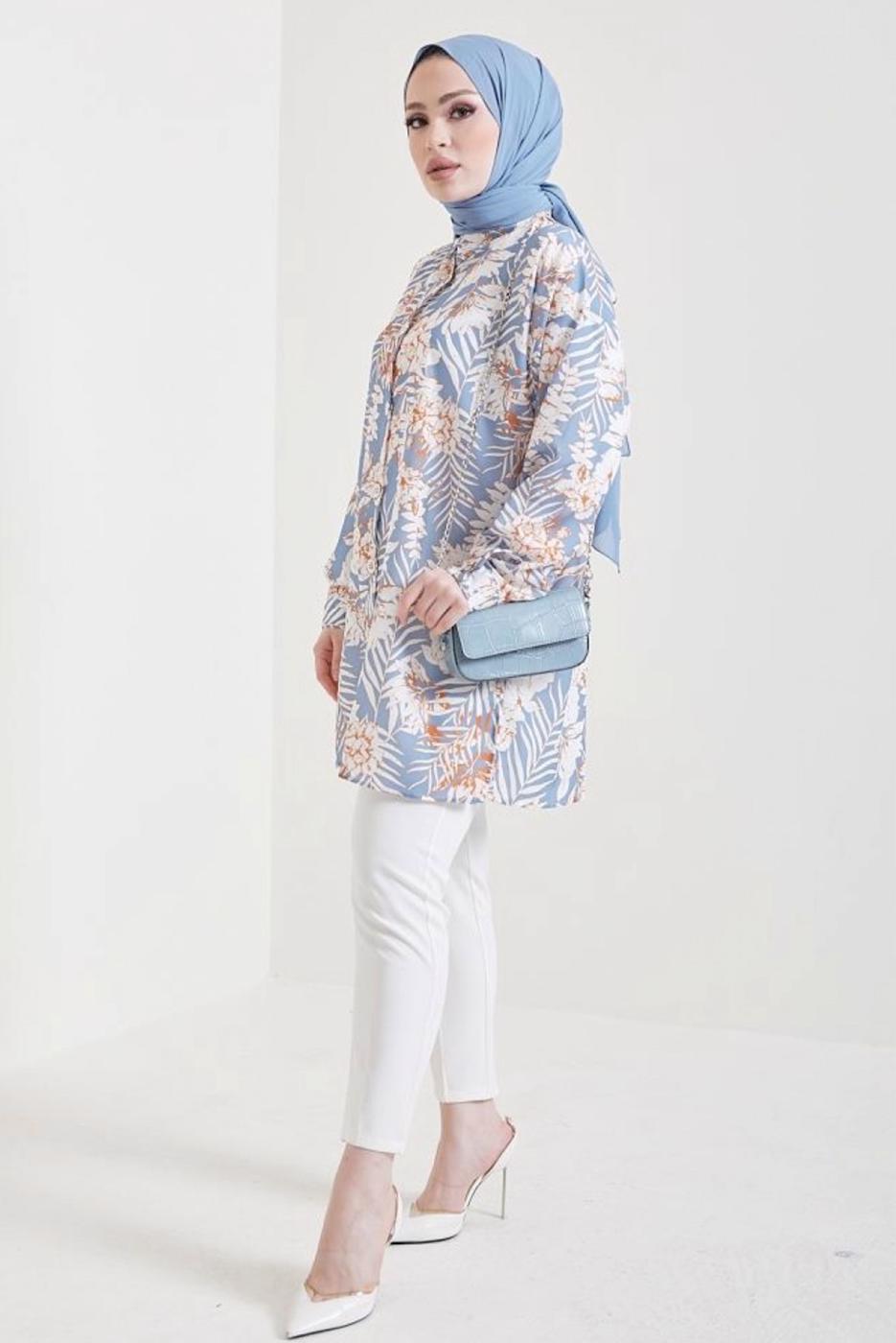 Tesettür giyim MAVİ DESENLİ GÖMLEK TUNİK T 0888-4