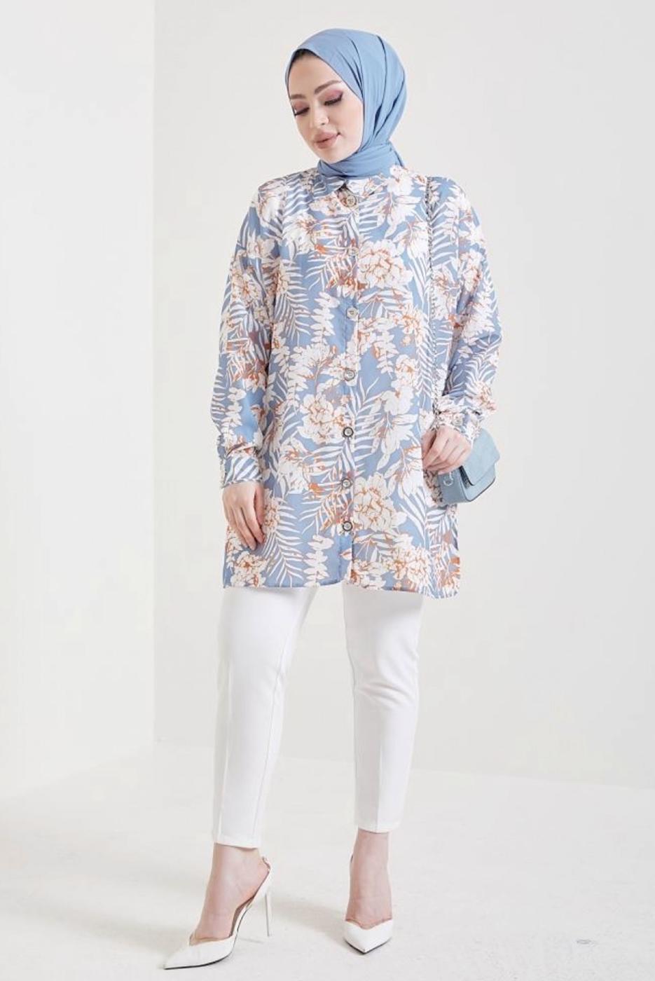 Tesettür giyim MAVİ DESENLİ GÖMLEK TUNİK T 0888-4