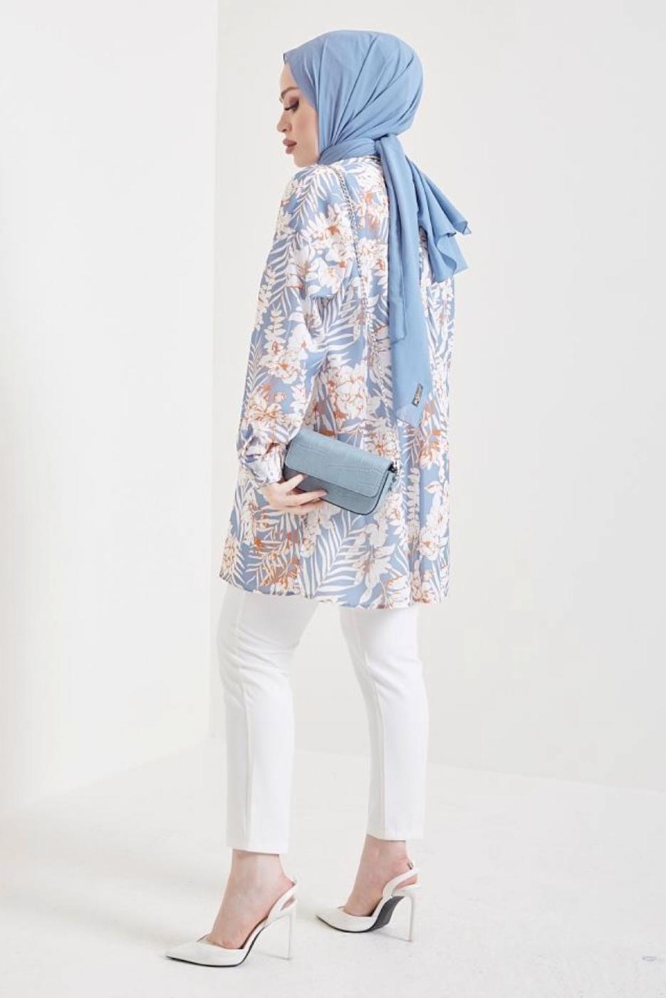 Tesettür giyim MAVİ DESENLİ GÖMLEK TUNİK T 0888-4
