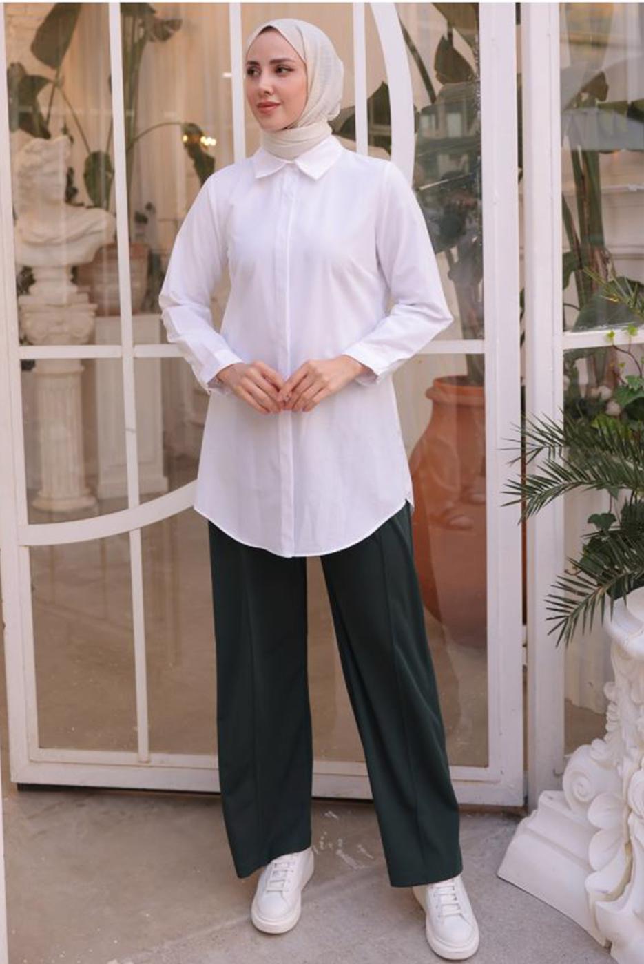 Tesettür giyim BEYAZ GİZLİ DÜĞMELİ GÖMLEK TUNİK T 1116