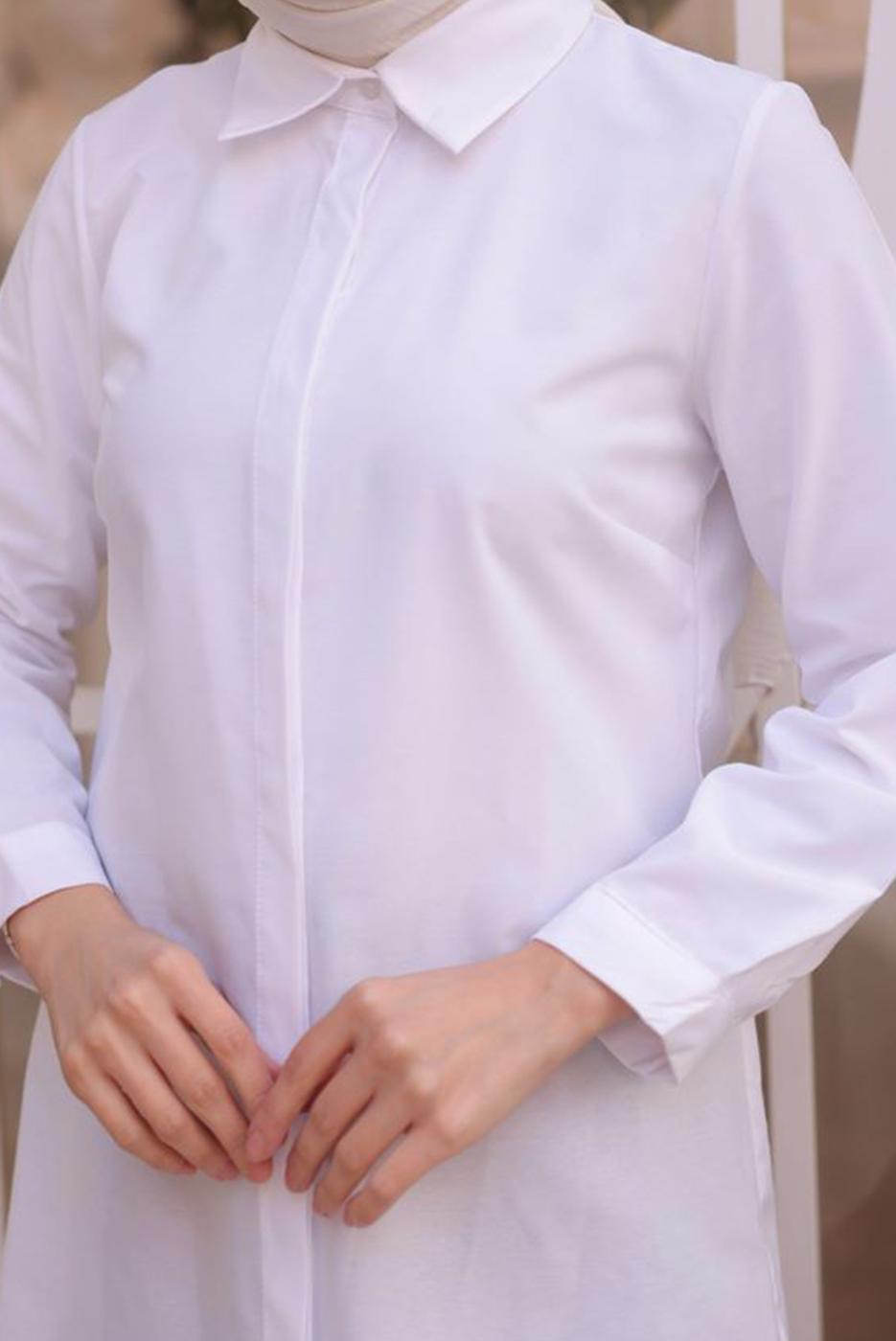 Tesettür giyim BEYAZ GİZLİ DÜĞMELİ GÖMLEK TUNİK T 1116