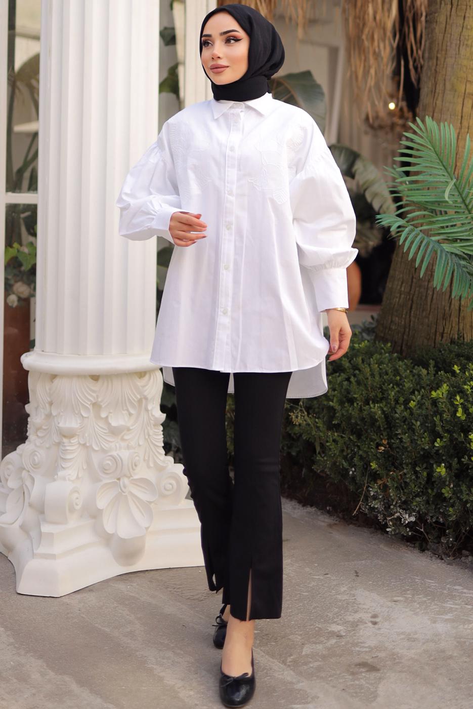 Tesettür giyim BEYAZ BALON KOL GÖMLEK TUNİK T 1302