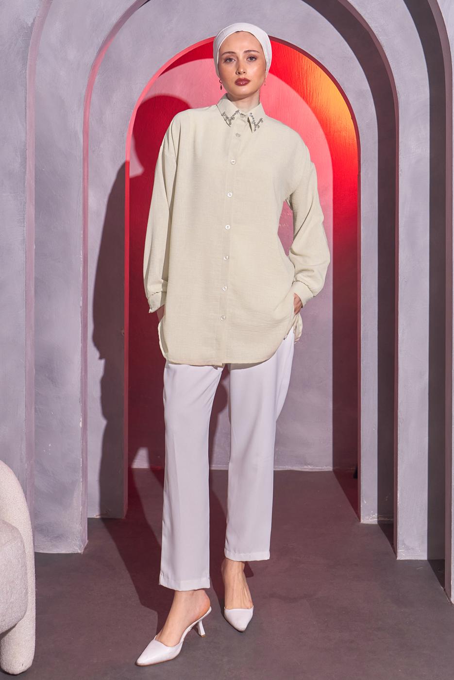 Vêtements hijab BEIGE TUNIQUE CHEMISE À DÉTAILS GEMMES T 1314