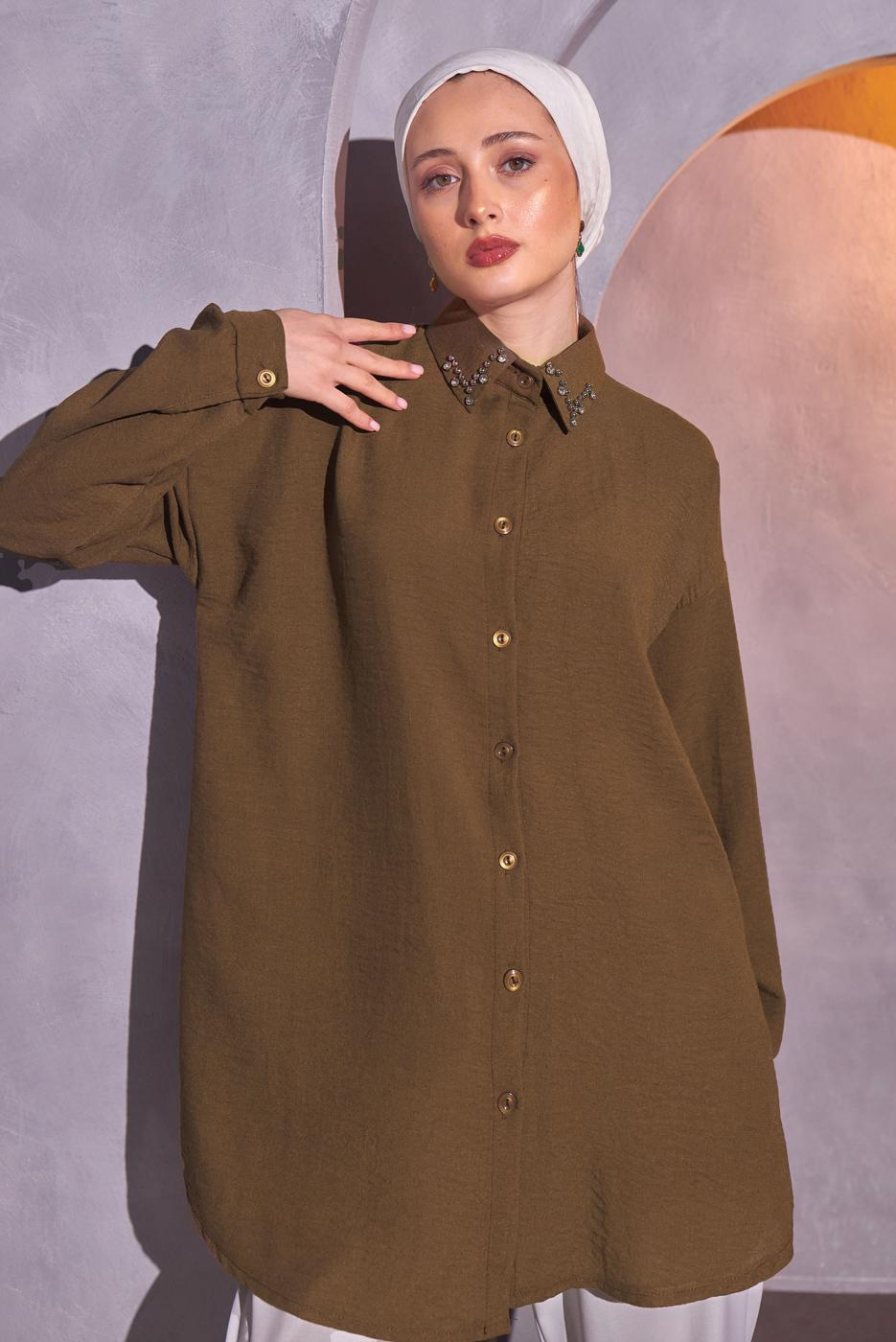 Vêtements hijab BRUN TUNIQUE CHEMISE À DÉTAILS GEMMES T 1314