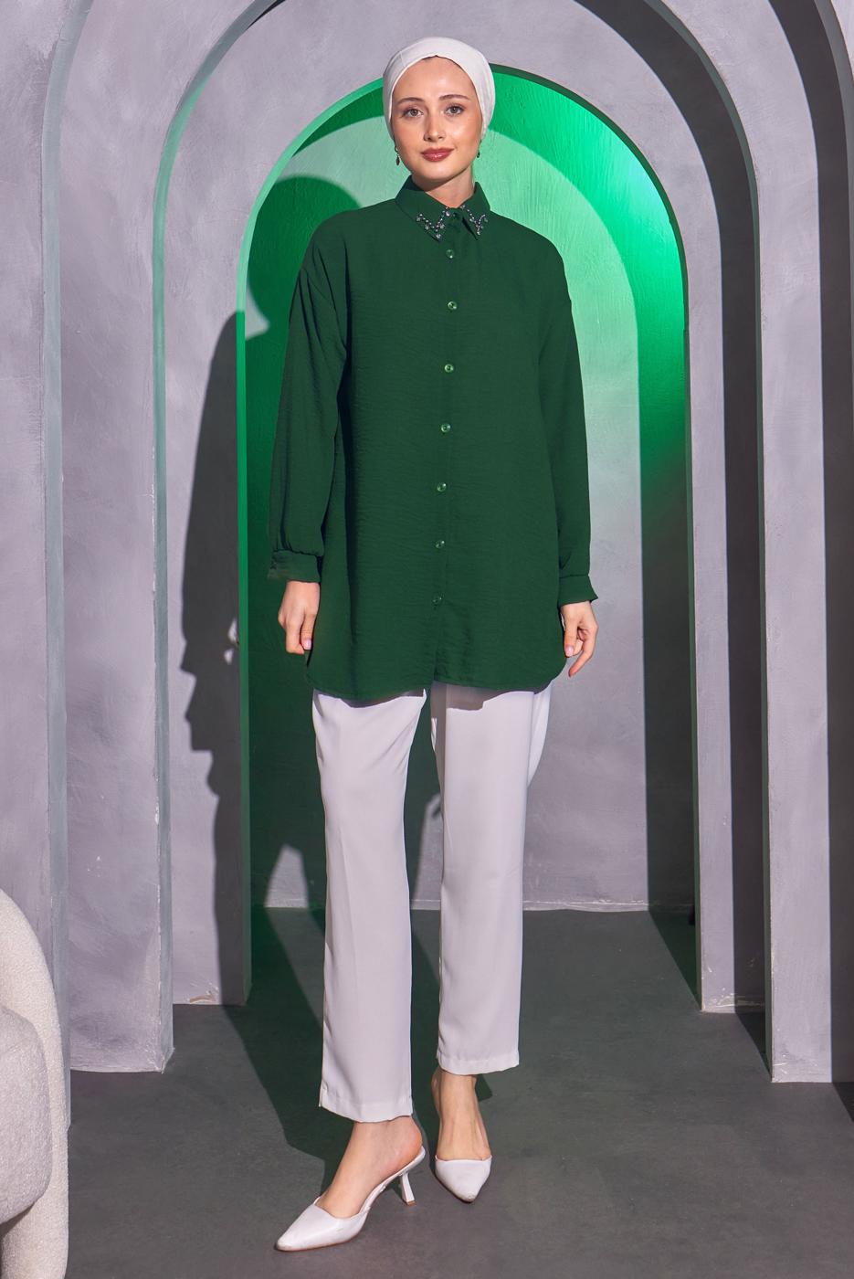 Tesettür giyim YEŞİL TAŞ DETAYLI GÖMLEK TUNİK T 1314
