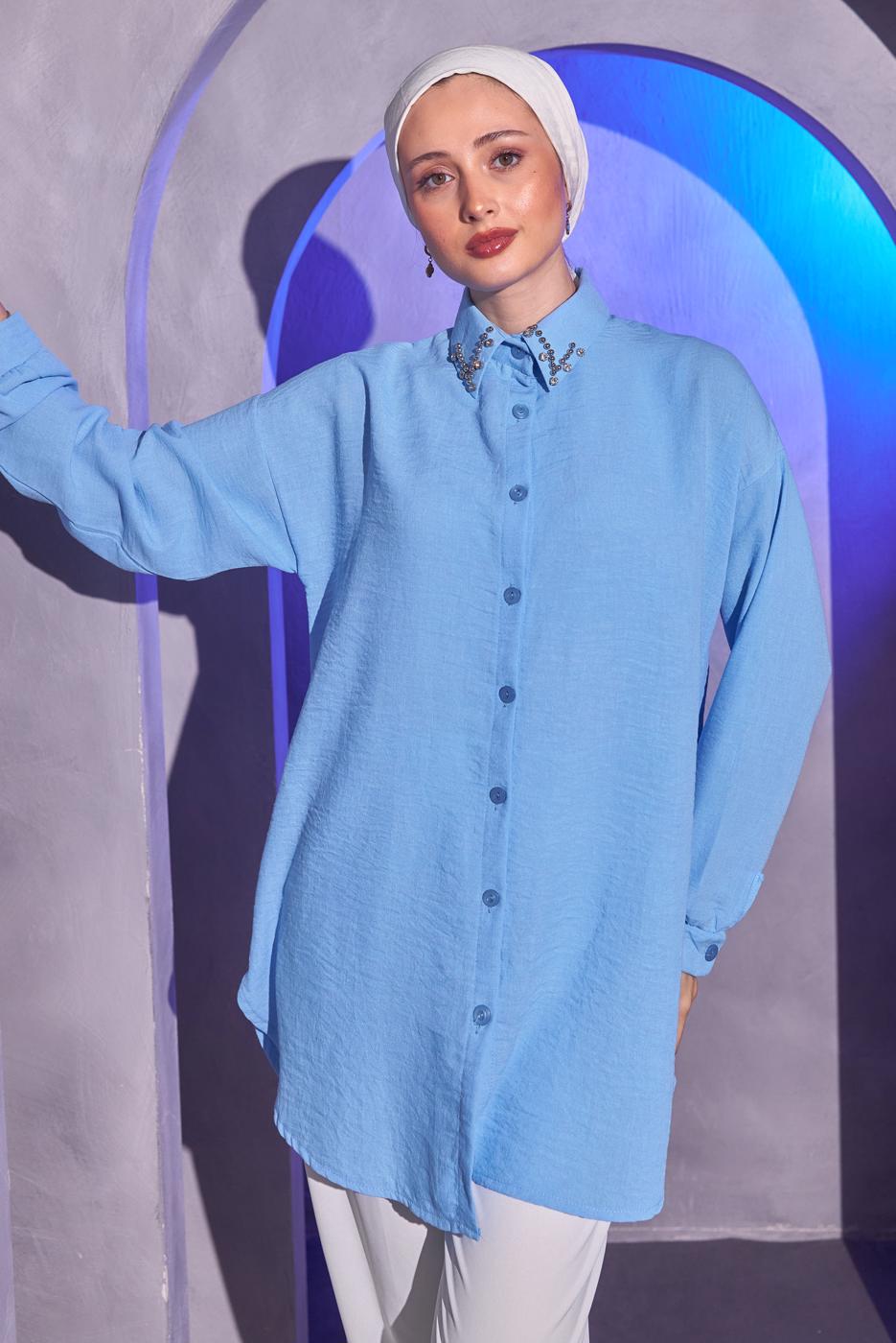 Tesettür giyim MAVİ TAŞ DETAYLI GÖMLEK TUNİK T 1314