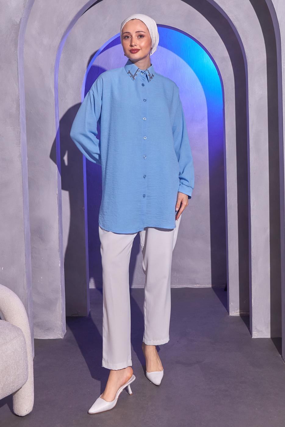 Tesettür giyim MAVİ TAŞ DETAYLI GÖMLEK TUNİK T 1314