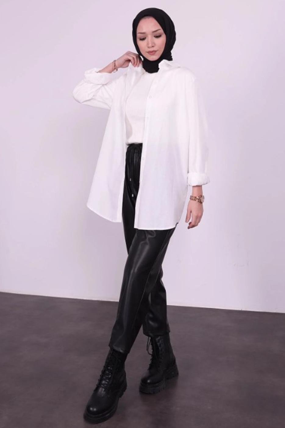 Tesettür giyim KREM PAMUKLU GÖMLEK TUNİK T 1405