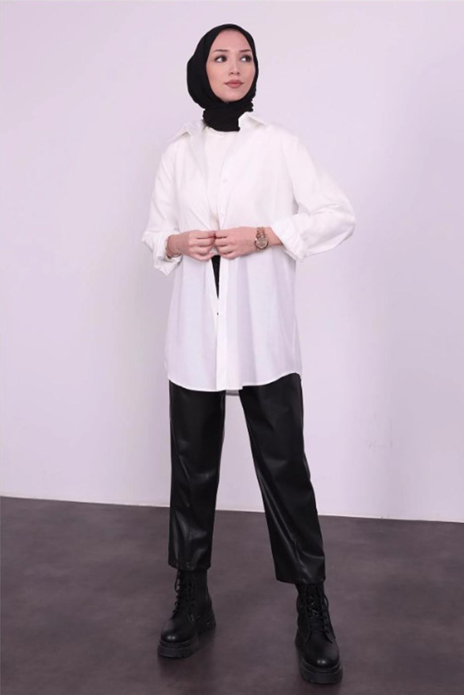 Tesettür giyim KREM PAMUKLU GÖMLEK TUNİK T 1405