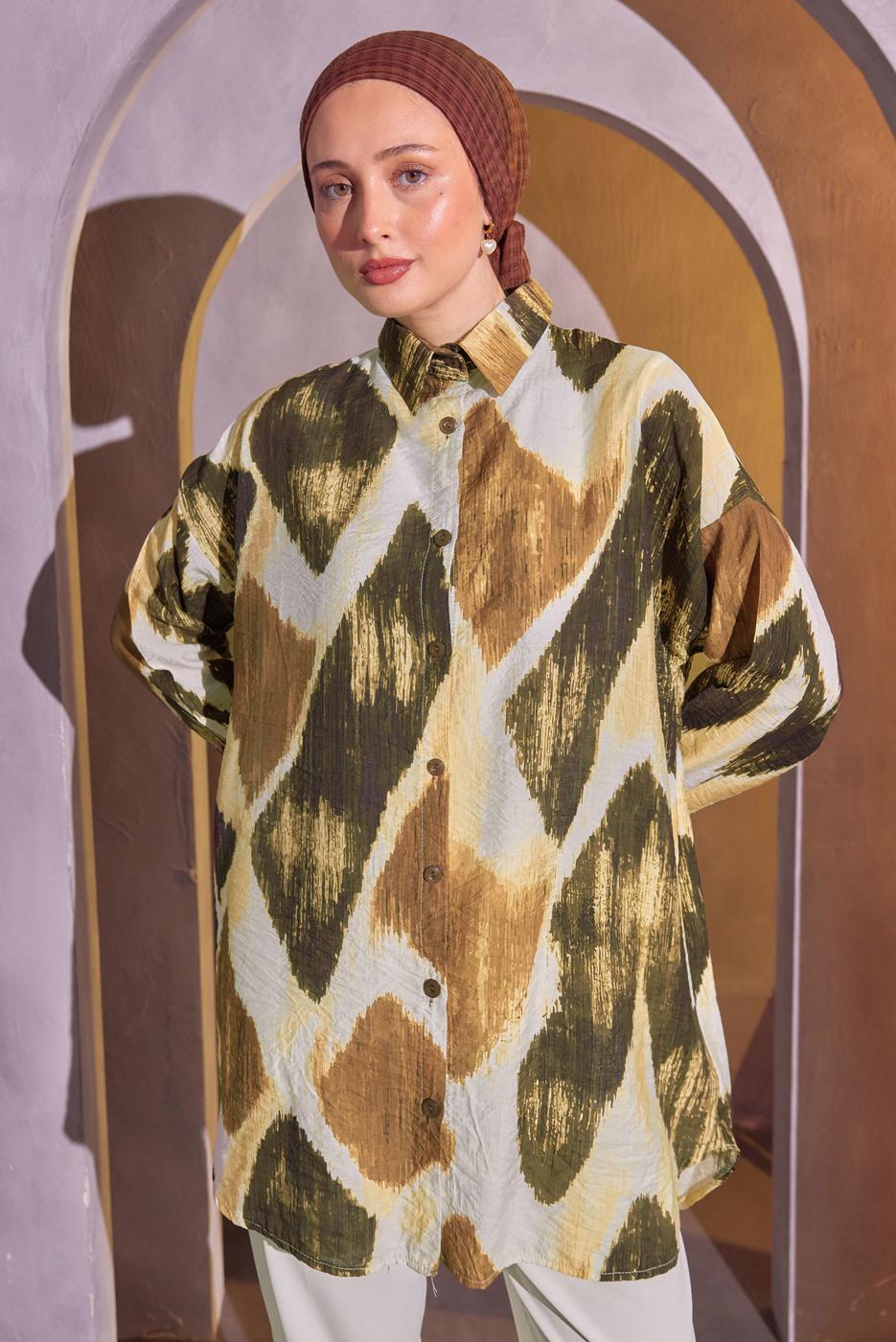 Tesettür giyim KAHVE DESENLİ GÖMLEK TUNİK T 1814