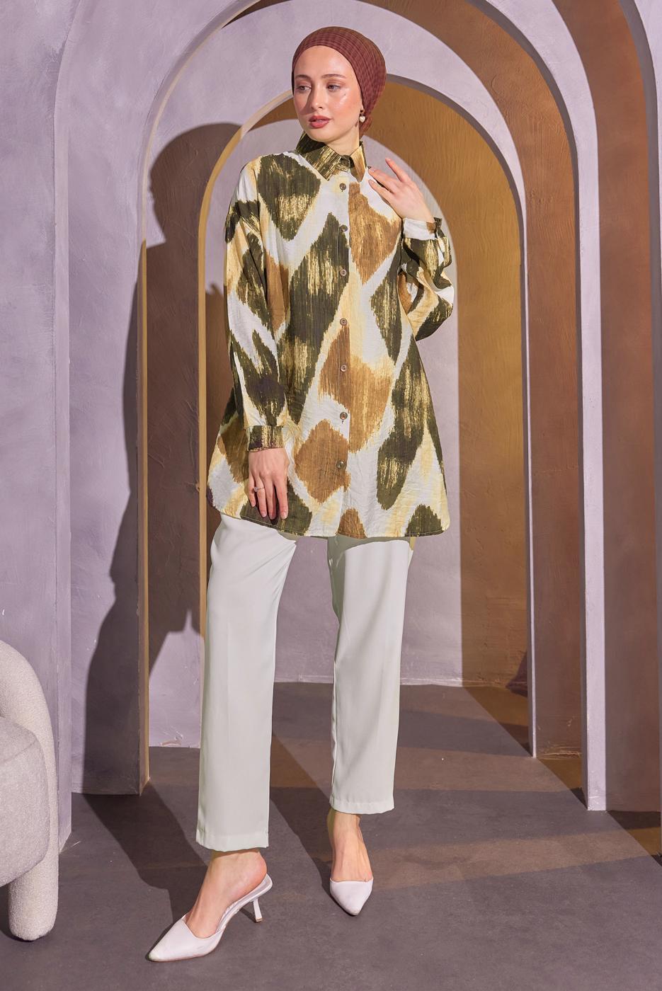 Tesettür giyim KAHVE DESENLİ GÖMLEK TUNİK T 1814