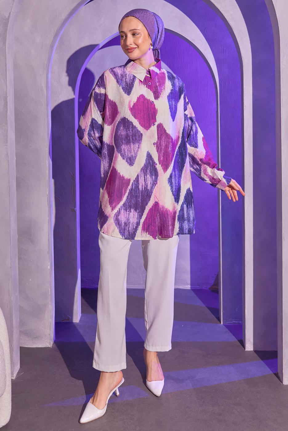 Tesettür giyim FUŞYA DESENLİ GÖMLEK TUNİK T 1814