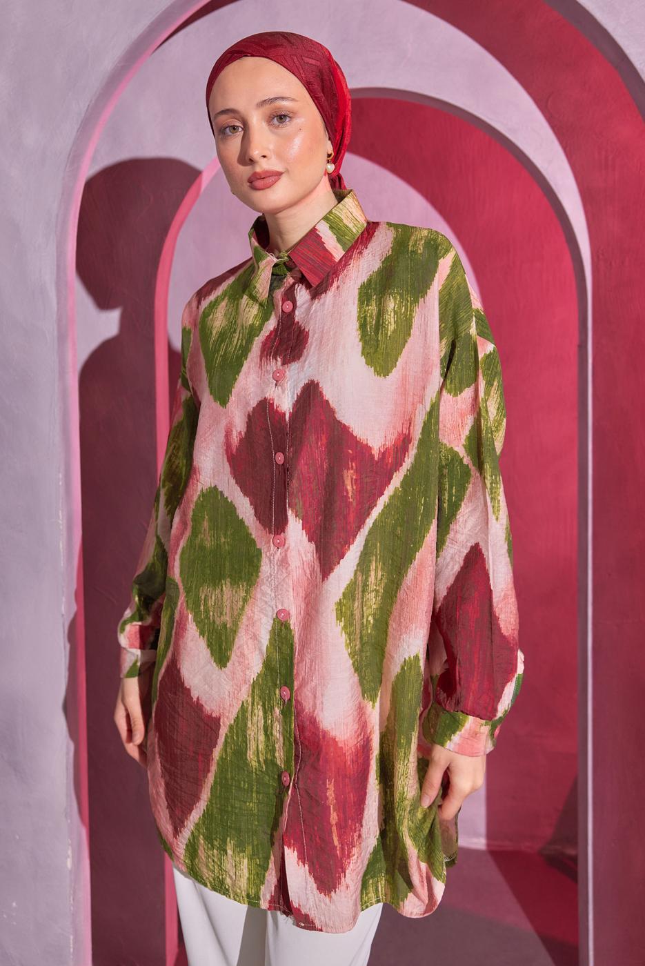 Tesettür giyim YEŞİL DESENLİ GÖMLEK TUNİK T 1814