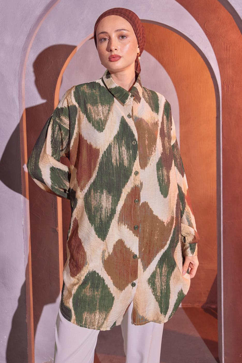 Tesettür giyim HAKİ DESENLİ GÖMLEK TUNİK T 1814