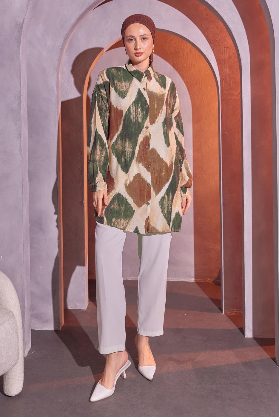 Tesettür giyim HAKİ DESENLİ GÖMLEK TUNİK T 1814