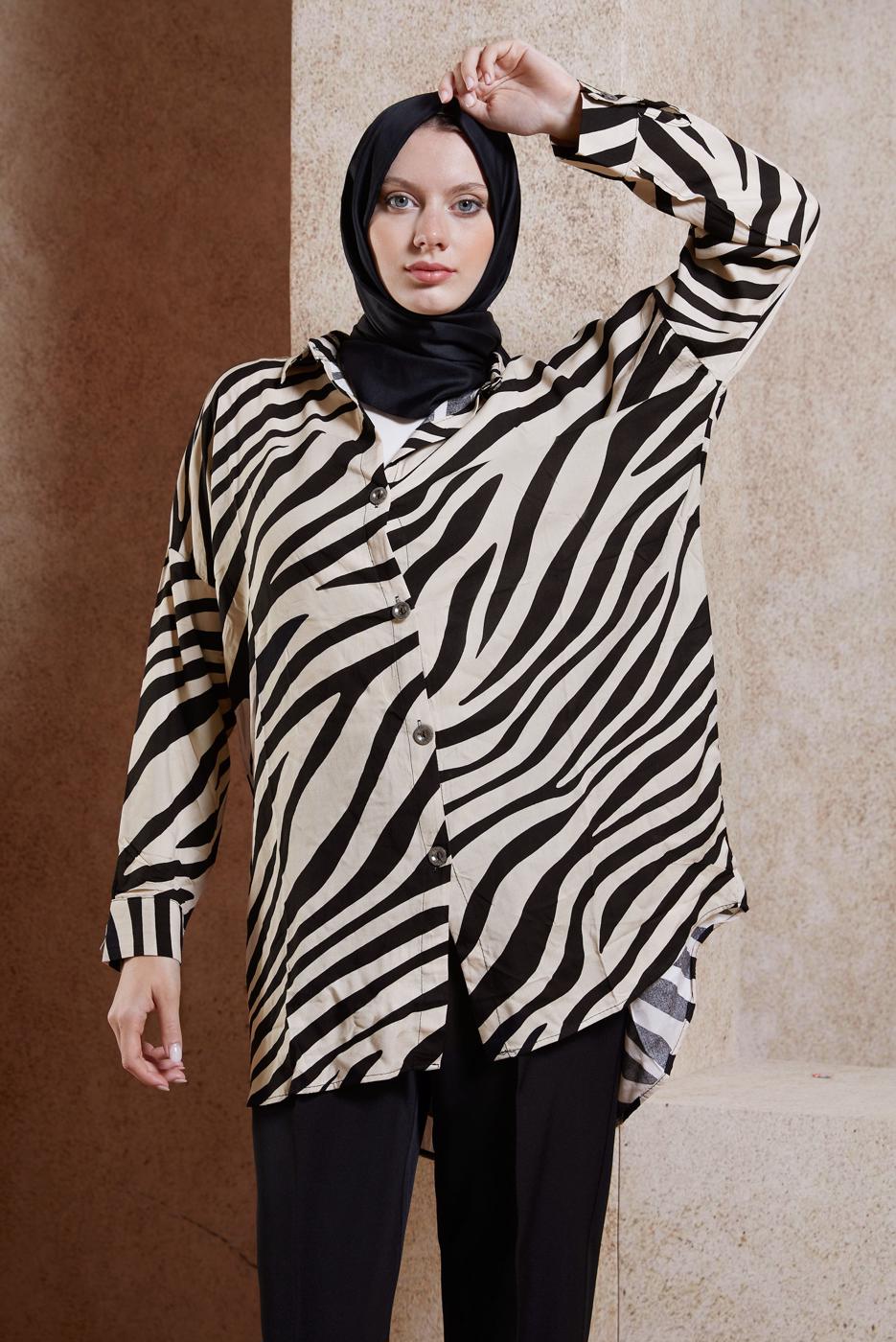 Tesettür giyim SİYAH ZEBRA DESENLİ GÖMLEK TUNİK T 2017