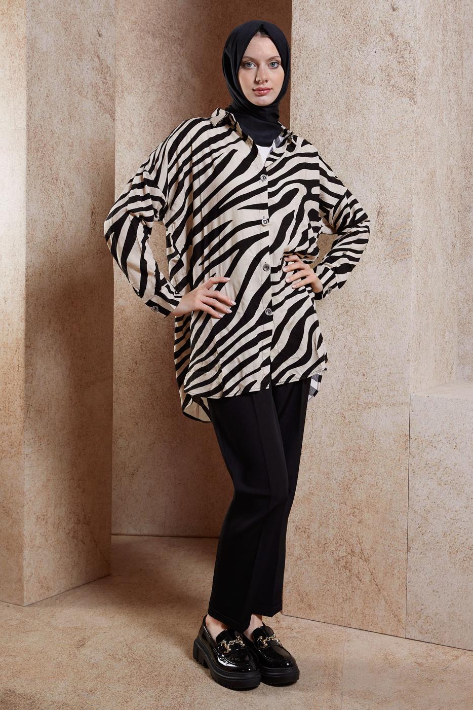 Tesettür giyim SİYAH ZEBRA DESENLİ GÖMLEK TUNİK T 2017