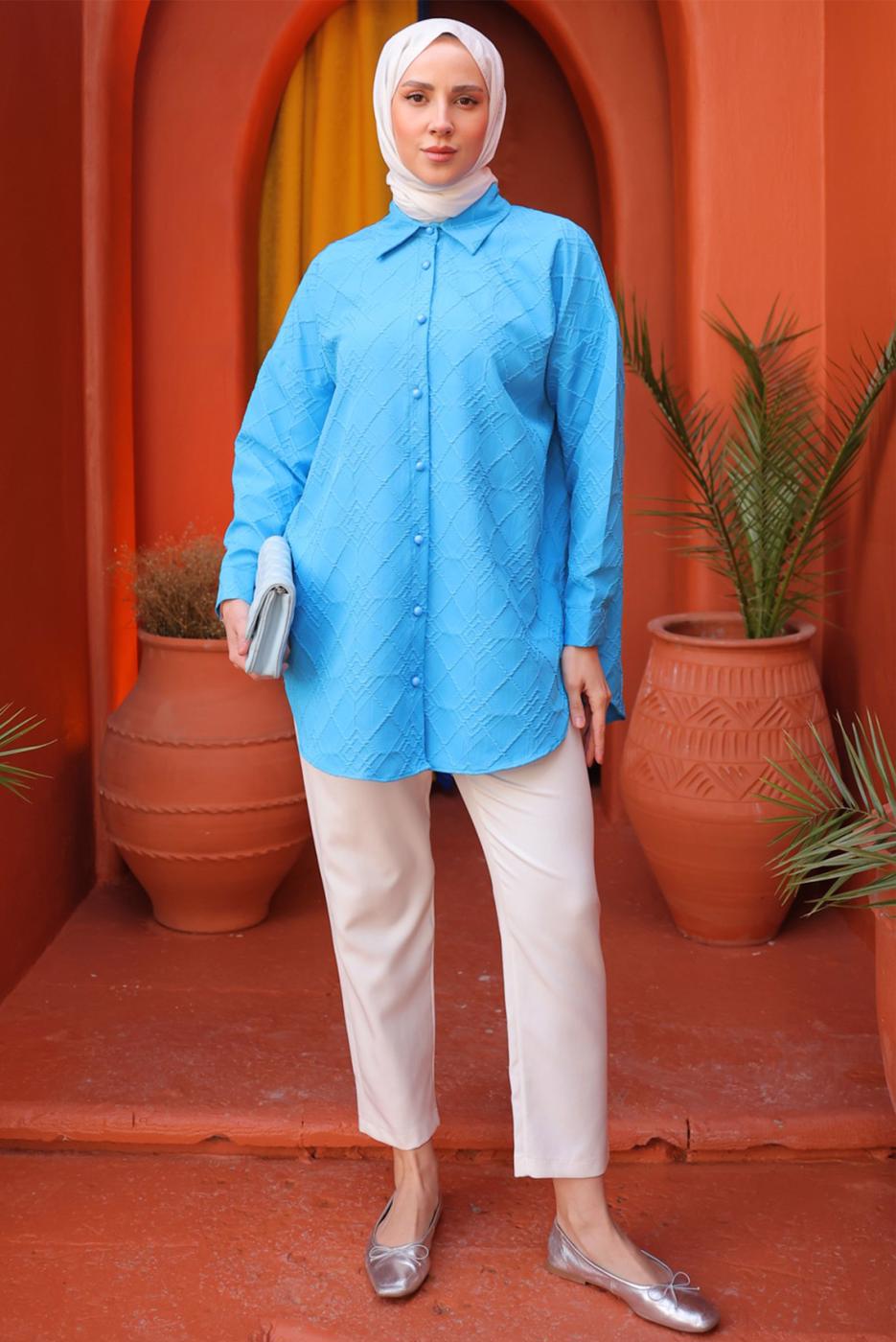 Tesettür giyim MAVİ GÖMLEK TUNİK T 2093