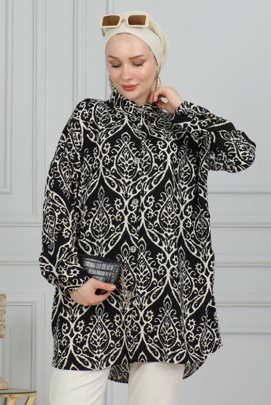 Tesettür giyim SİYAH DESENLİ PAMUKLU TESETTÜR TUNİK T 2208