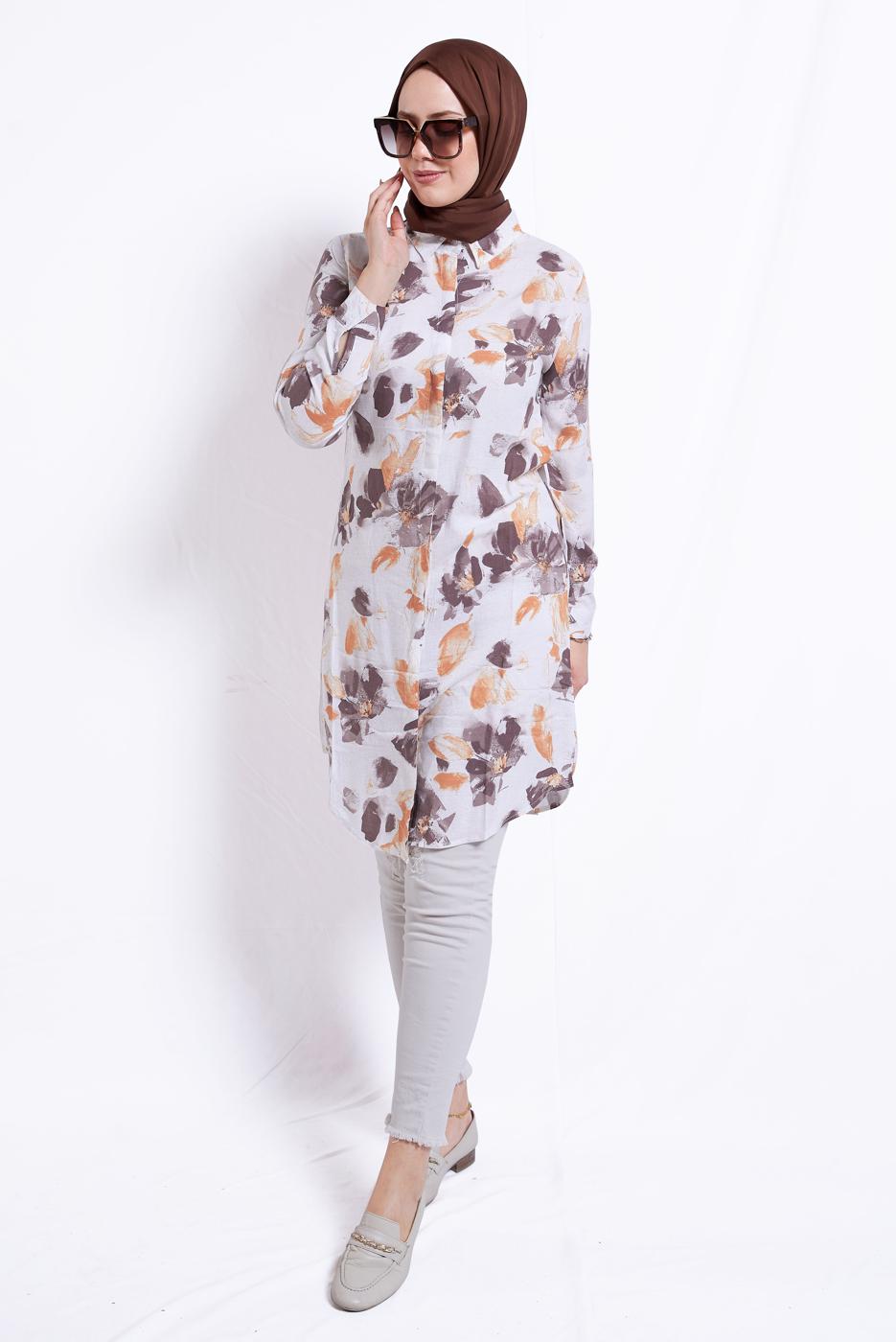 Vêtements hijab BEIGE TUNIQUE EN COTON À MOTIFS T 2496