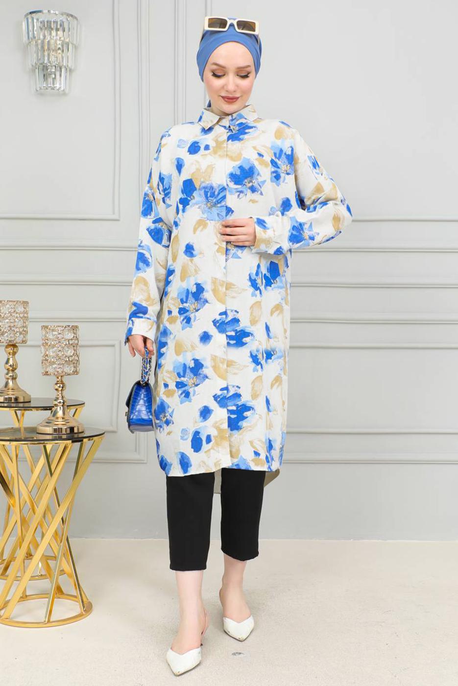 Tesettür giyim BEJ DESENLİ PAMUKLU TUNİK T 2496