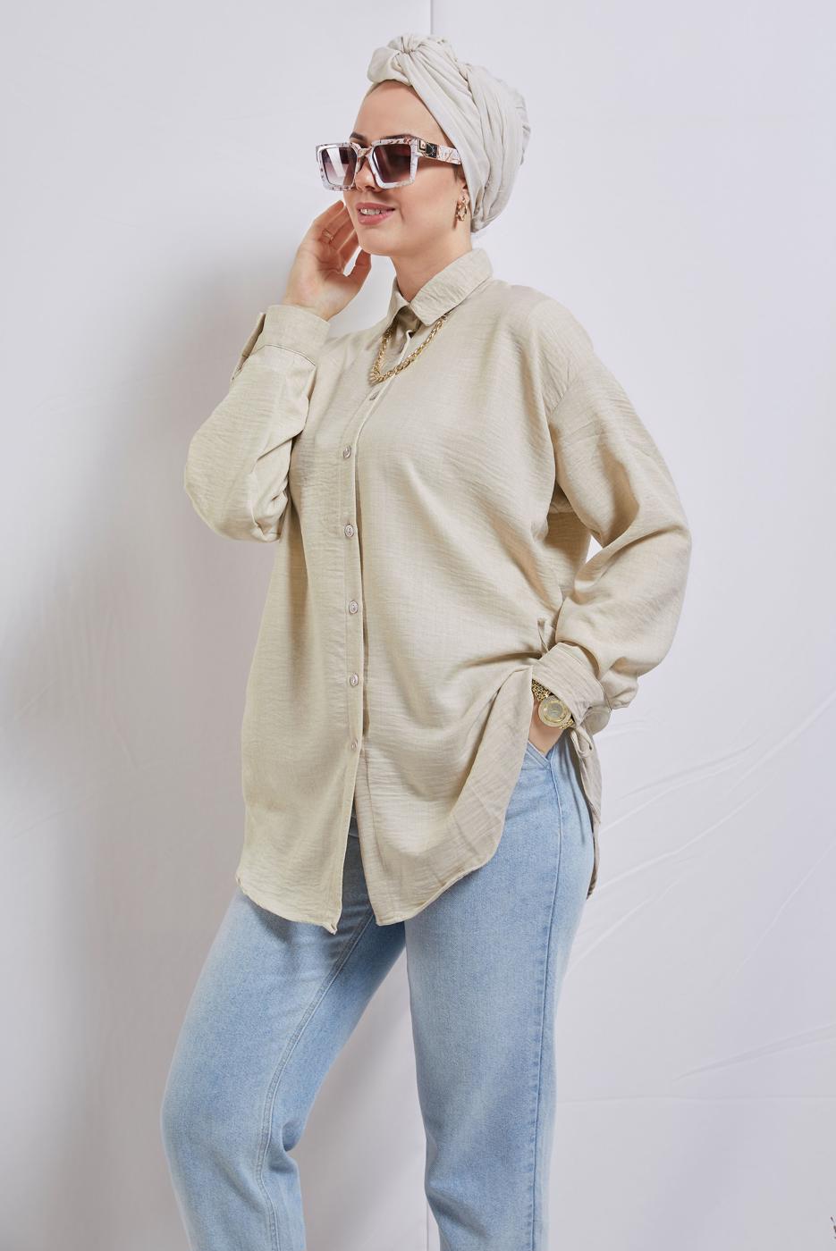 Tesettür giyim BEJ YANI BÜZGÜLÜ GÖMLEK TUNİK T 2811