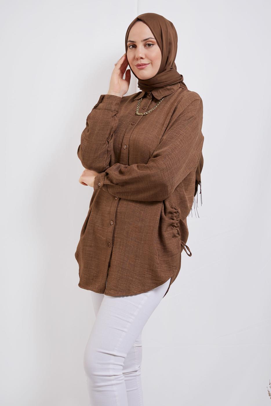 Tesettür giyim KAHVE YANI BÜZGÜLÜ GÖMLEK TUNİK T 2811