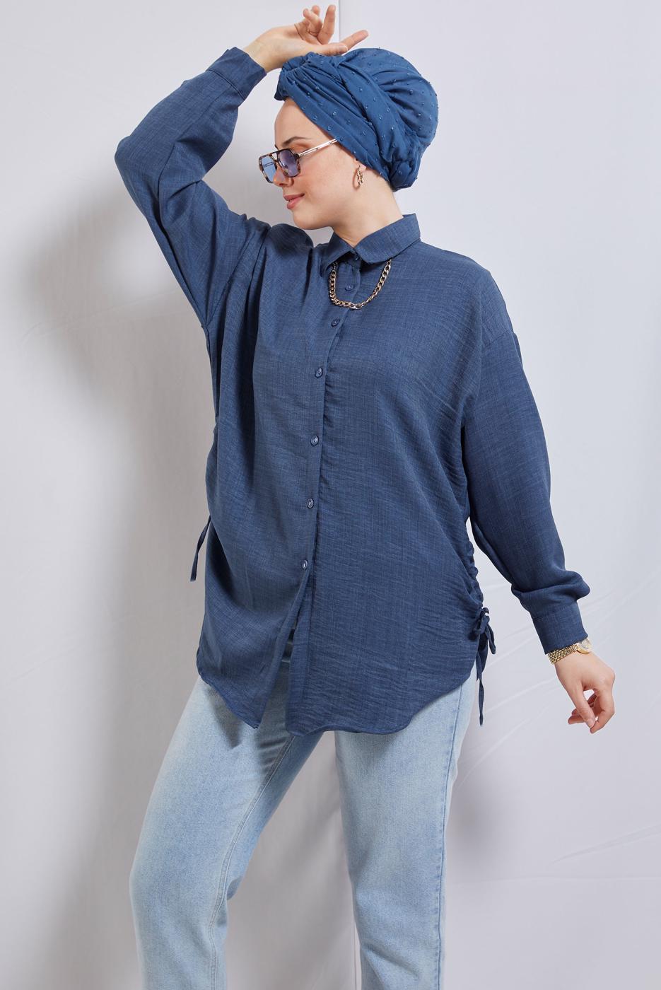 Tesettür giyim LACİVERT YANI BÜZGÜLÜ GÖMLEK TUNİK T 2811