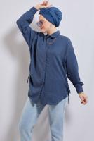 Tesettür giyim LACİVERT YANI BÜZGÜLÜ GÖMLEK TUNİK T 2811