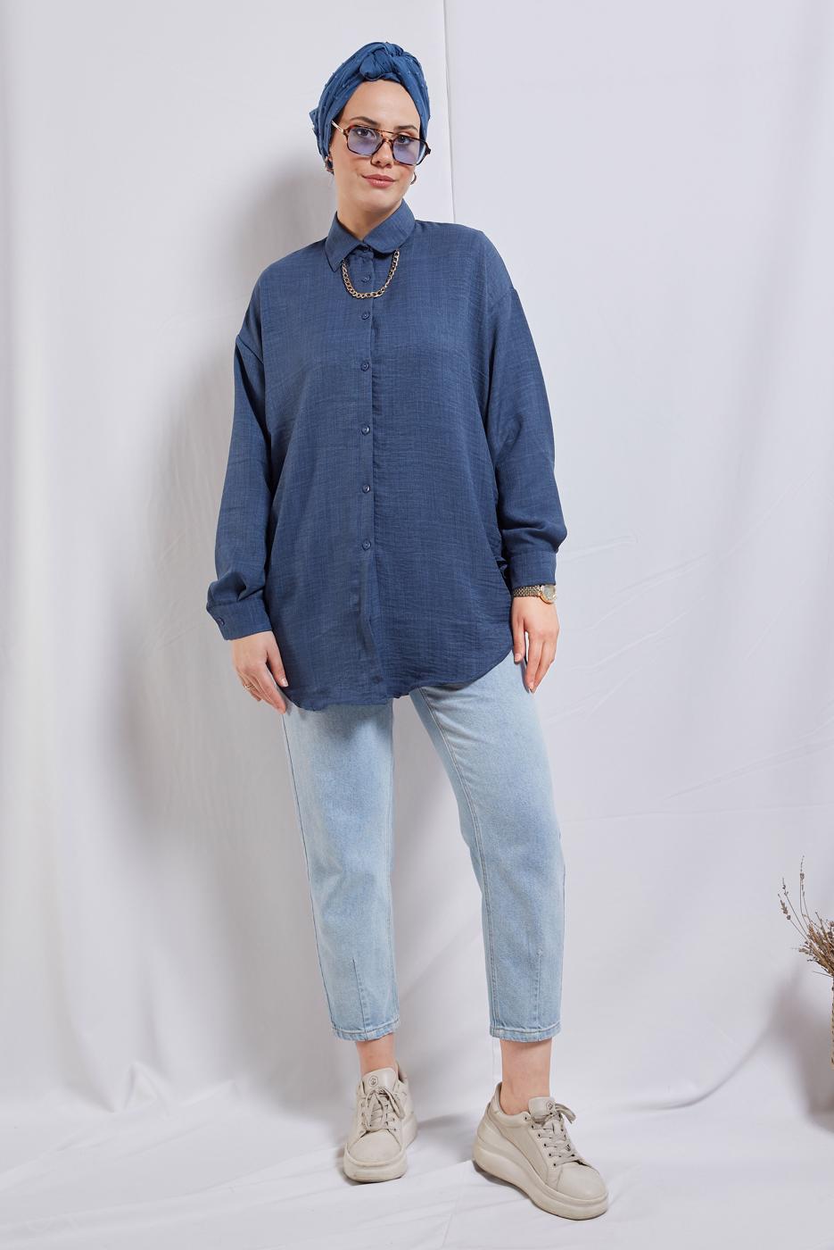 Tesettür giyim LACİVERT YANI BÜZGÜLÜ GÖMLEK TUNİK T 2811