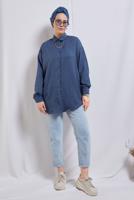 Tesettür giyim LACİVERT YANI BÜZGÜLÜ GÖMLEK TUNİK T 2811