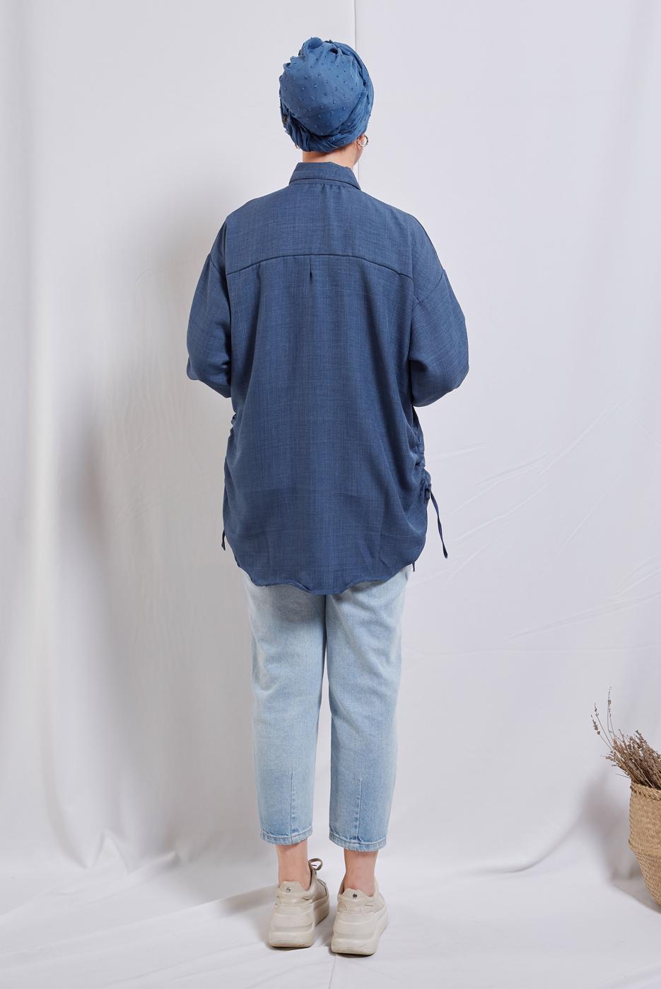 Tesettür giyim LACİVERT YANI BÜZGÜLÜ GÖMLEK TUNİK T 2811