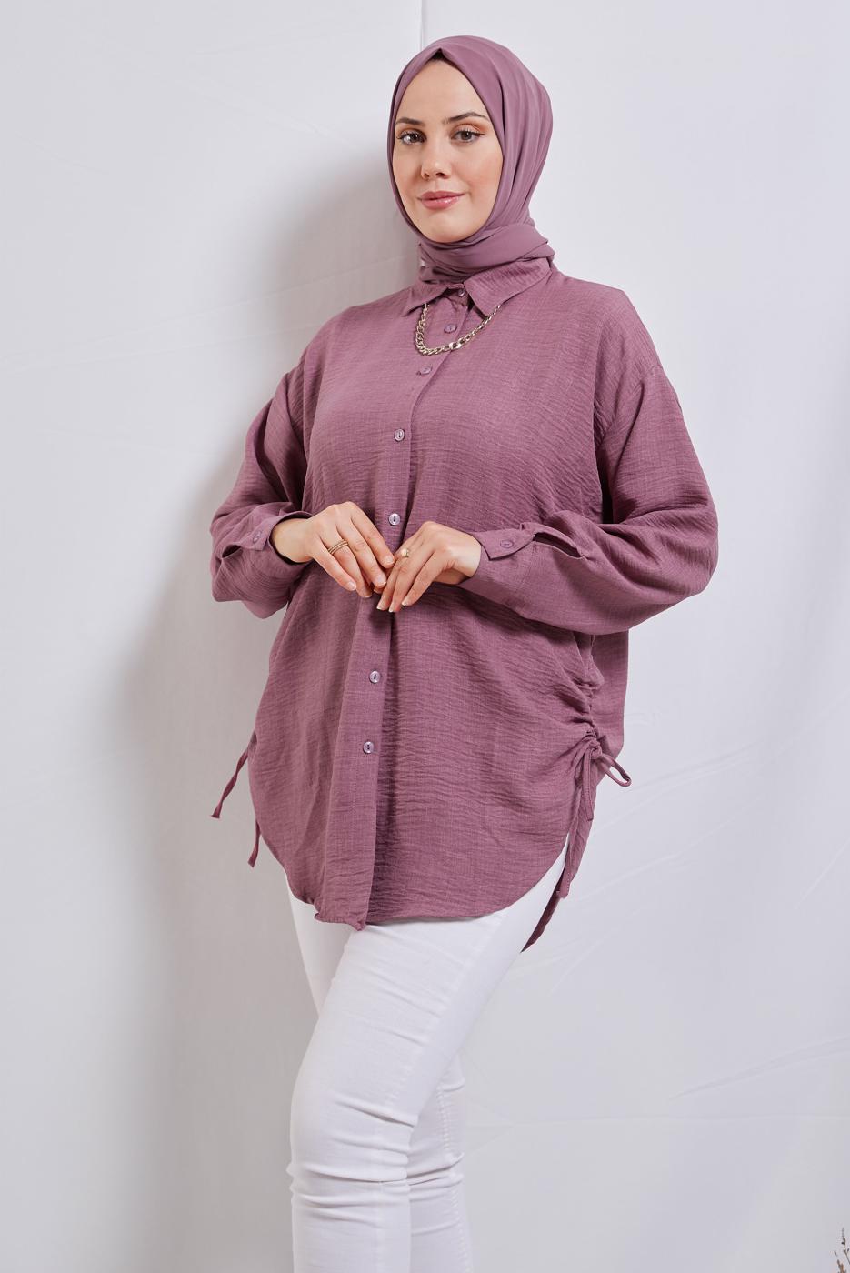 Tesettür giyim PEMBE YANI BÜZGÜLÜ GÖMLEK TUNİK T 2811