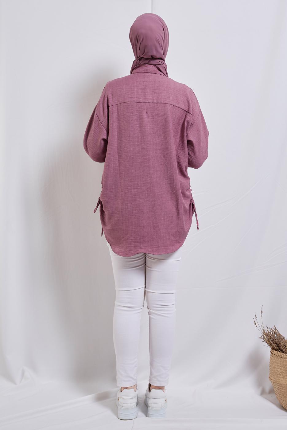 Tesettür giyim PEMBE YANI BÜZGÜLÜ GÖMLEK TUNİK T 2811
