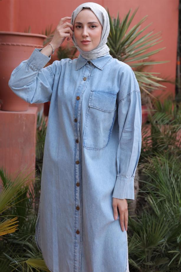 Tesettür giyim MAVİ DÜĞMELİ DENİM TUNİK T 31616 - TRENDTESETTÜR