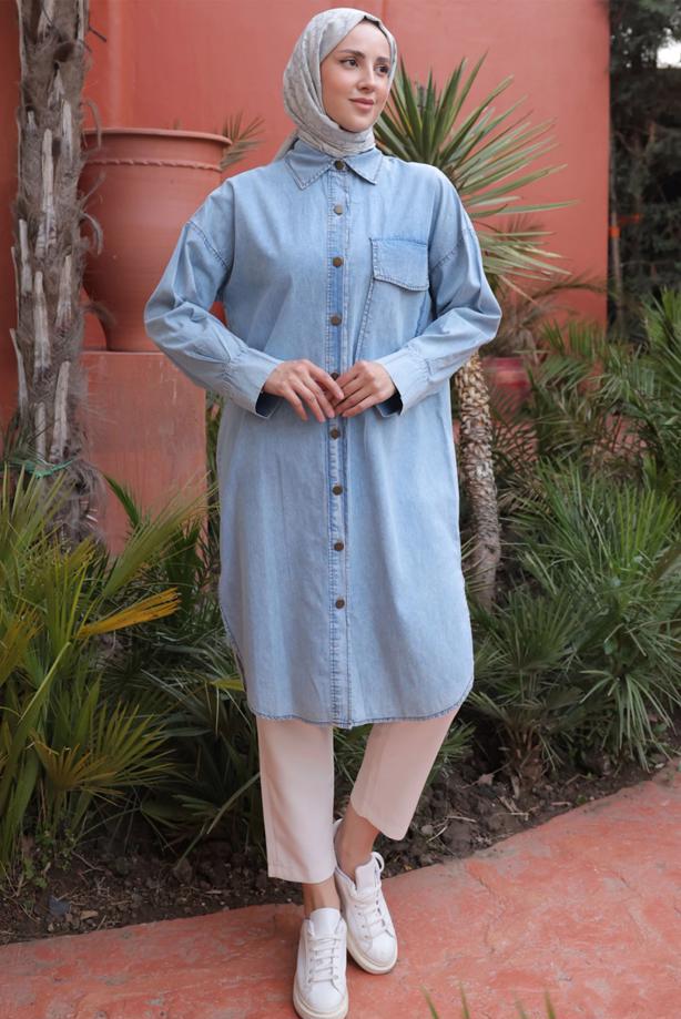 Tesettür giyim MAVİ DÜĞMELİ DENİM TUNİK T 31616 - TRENDTESETTÜR