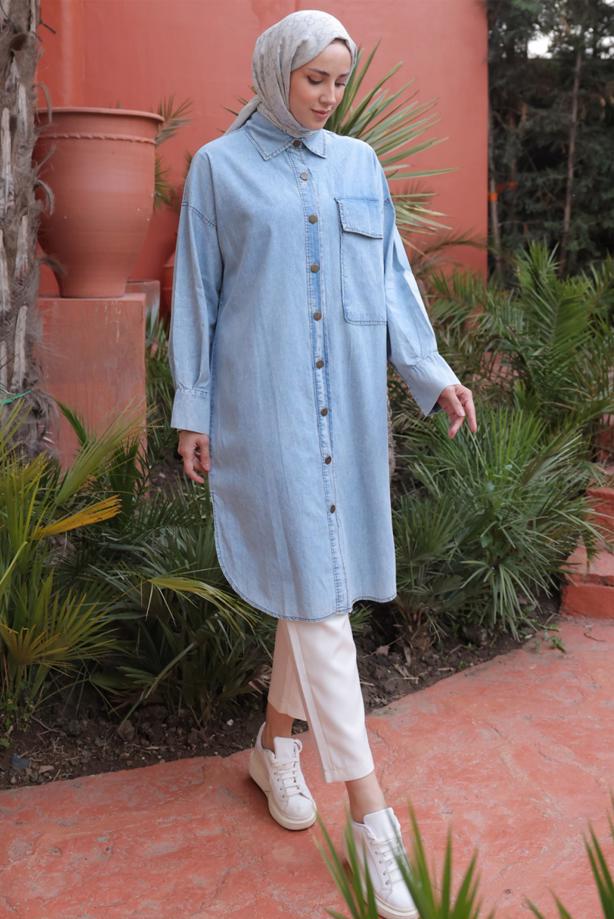 Tesettür giyim MAVİ DÜĞMELİ DENİM TUNİK T 31616 - TRENDTESETTÜR