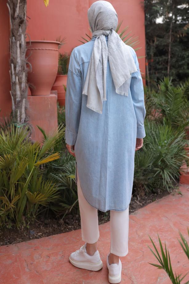 Tesettür giyim MAVİ DÜĞMELİ DENİM TUNİK T 31616 - TRENDTESETTÜR