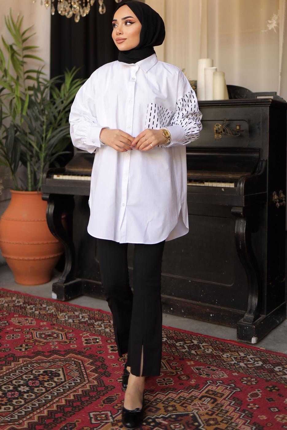 Tesettür giyim BEYAZ ÇİZGİ DESENLİ GÖMLEK TUNİK T 3302