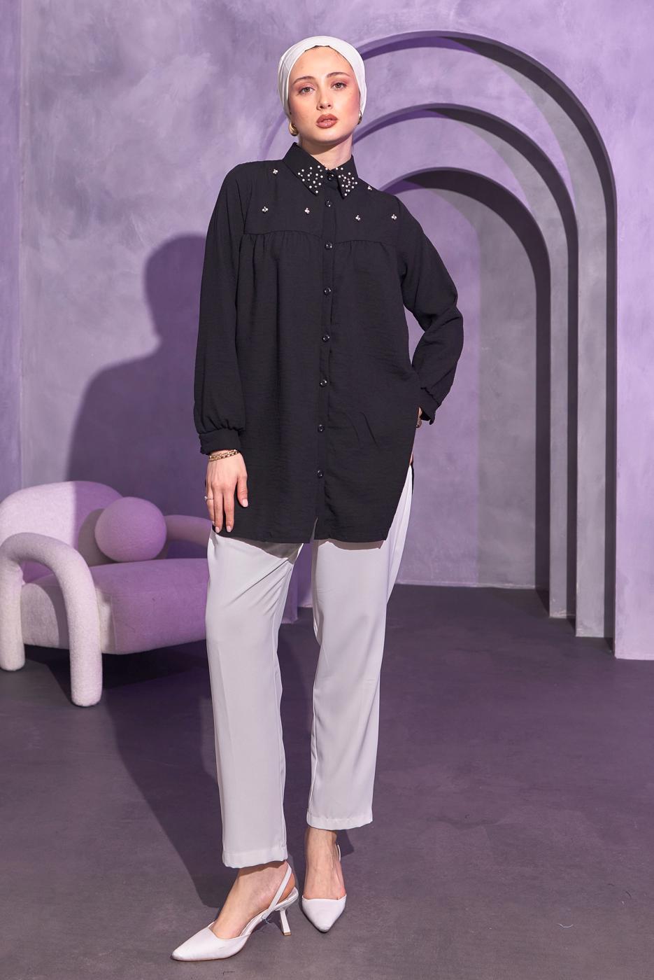 Tesettür giyim SİYAH BONCUK İŞLEMELİ GÖMLEK TUNİK T 3314