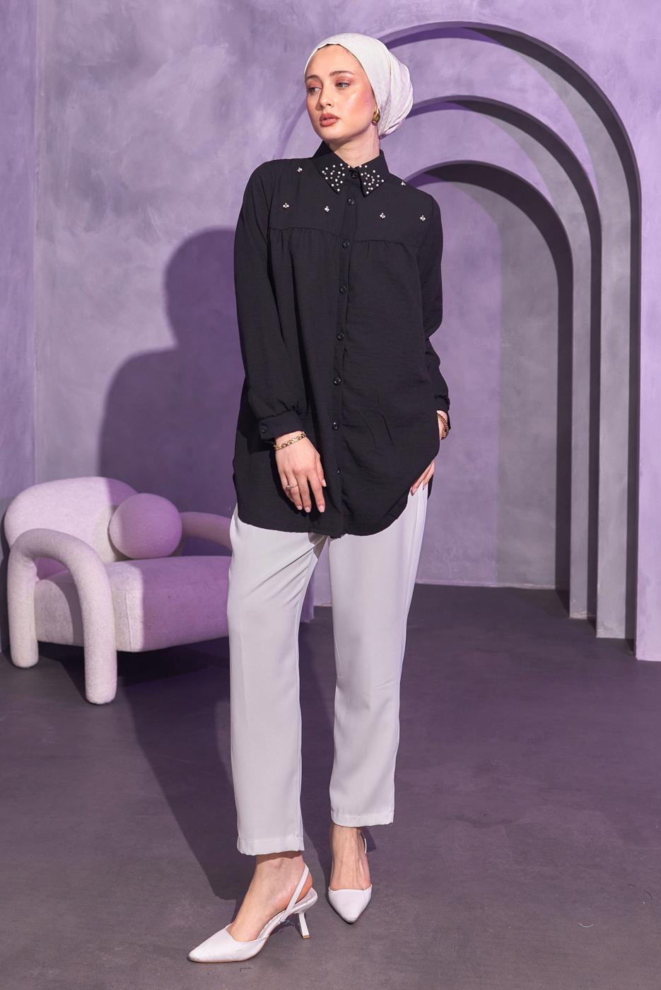 Tesettür giyim SİYAH BONCUK İŞLEMELİ GÖMLEK TUNİK T 3314