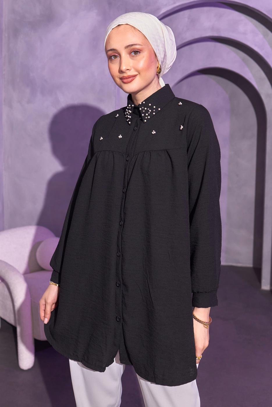 Tesettür giyim SİYAH BONCUK İŞLEMELİ GÖMLEK TUNİK T 3314