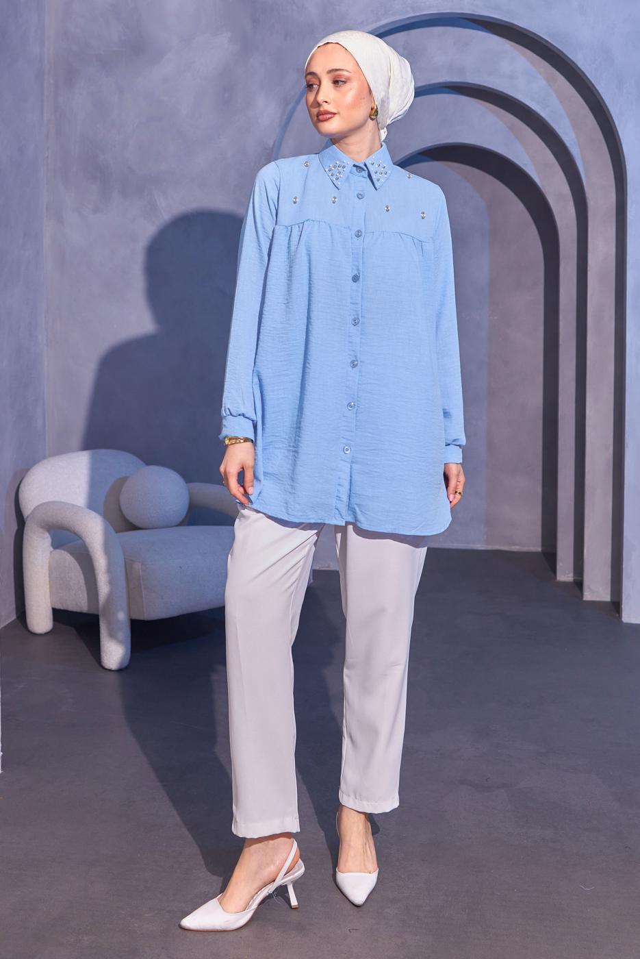 Tesettür giyim MAVİ BONCUK İŞLEMELİ GÖMLEK TUNİK T 3314