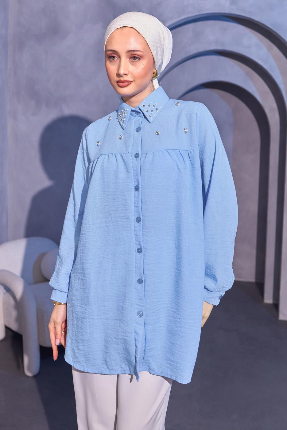 Tesettür giyim MAVİ BONCUK İŞLEMELİ GÖMLEK TUNİK T 3314