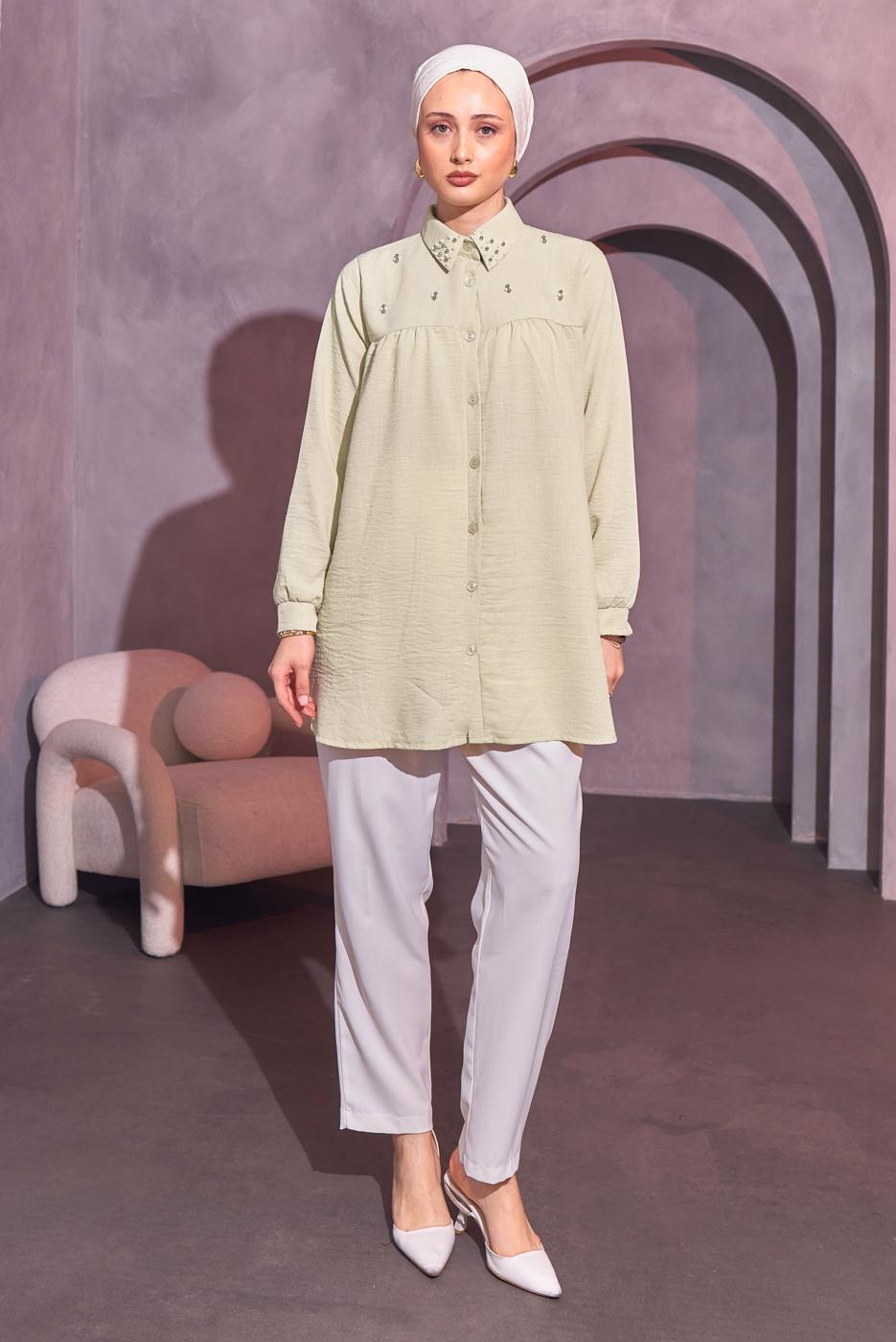 Tesettür giyim BEJ BONCUK İŞLEMELİ GÖMLEK TUNİK T 3314