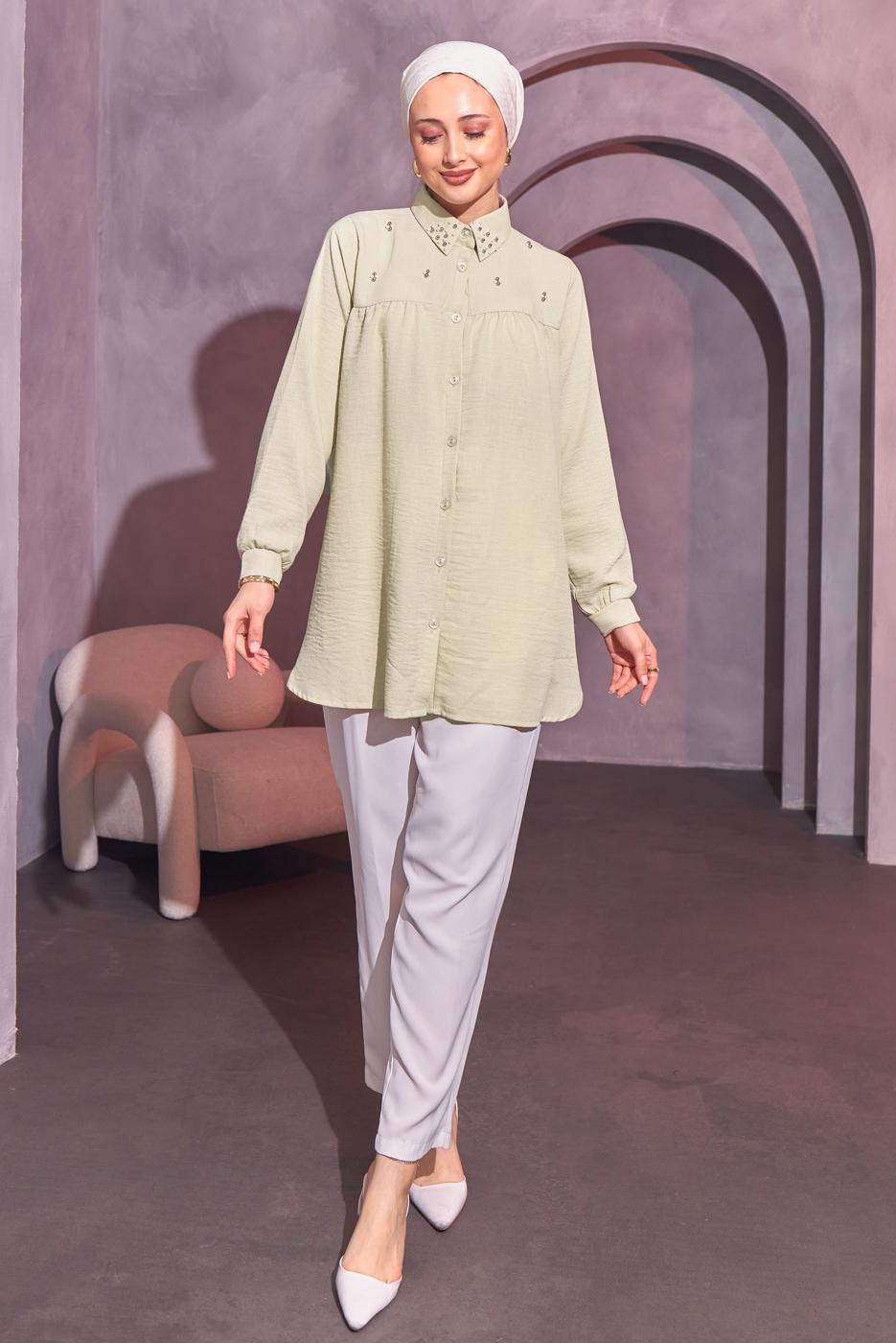 Tesettür giyim BEJ BONCUK İŞLEMELİ GÖMLEK TUNİK T 3314