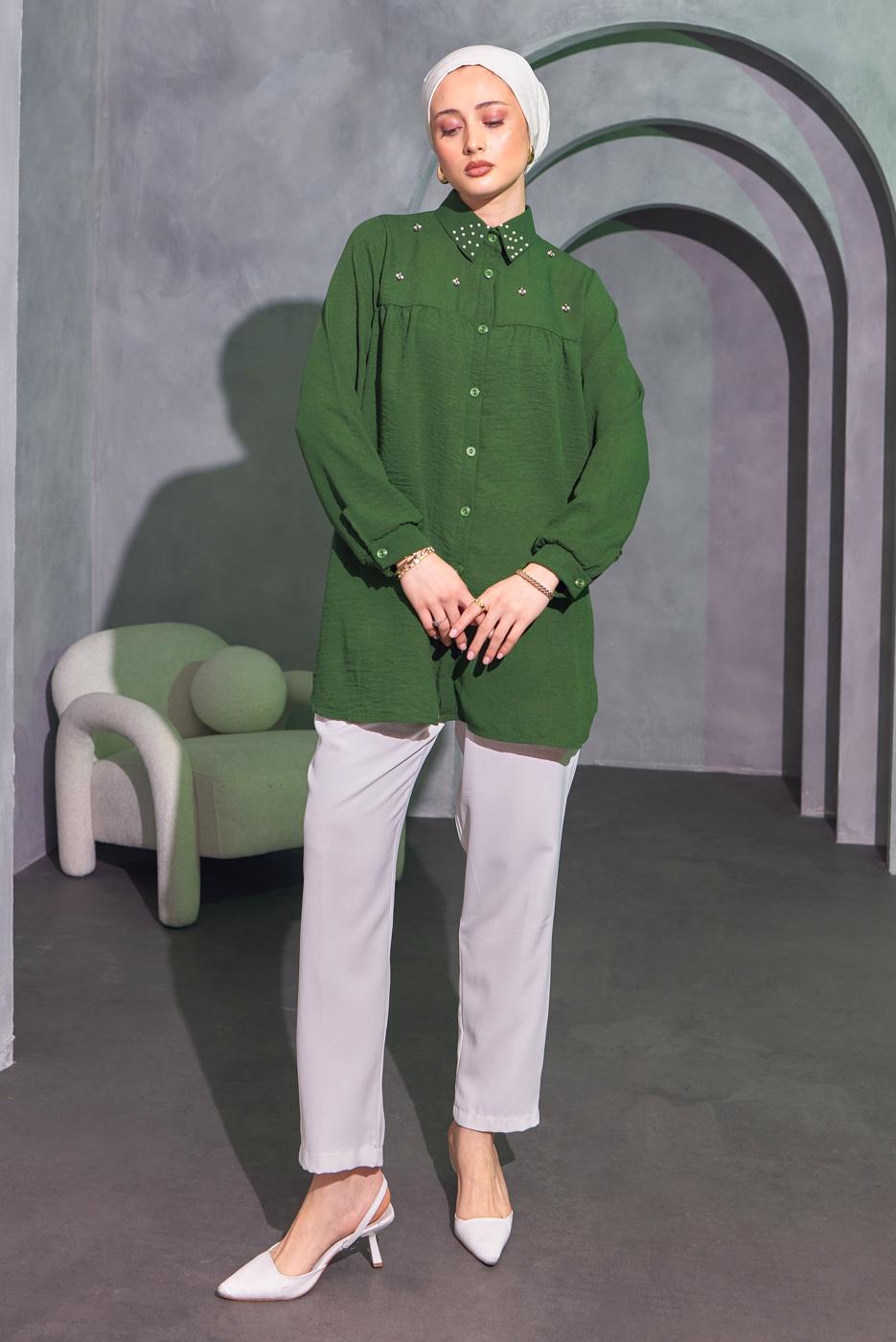 Tesettür giyim HAKİ BONCUK İŞLEMELİ GÖMLEK TUNİK T 3314